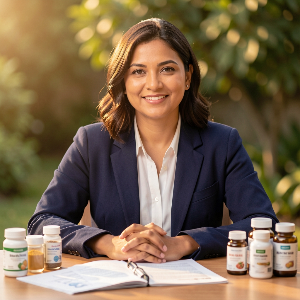 Portrait of a nutrition formulation specialist seated at a desk surrounded by ingredient documentation and supplement samples under warm studio lighting