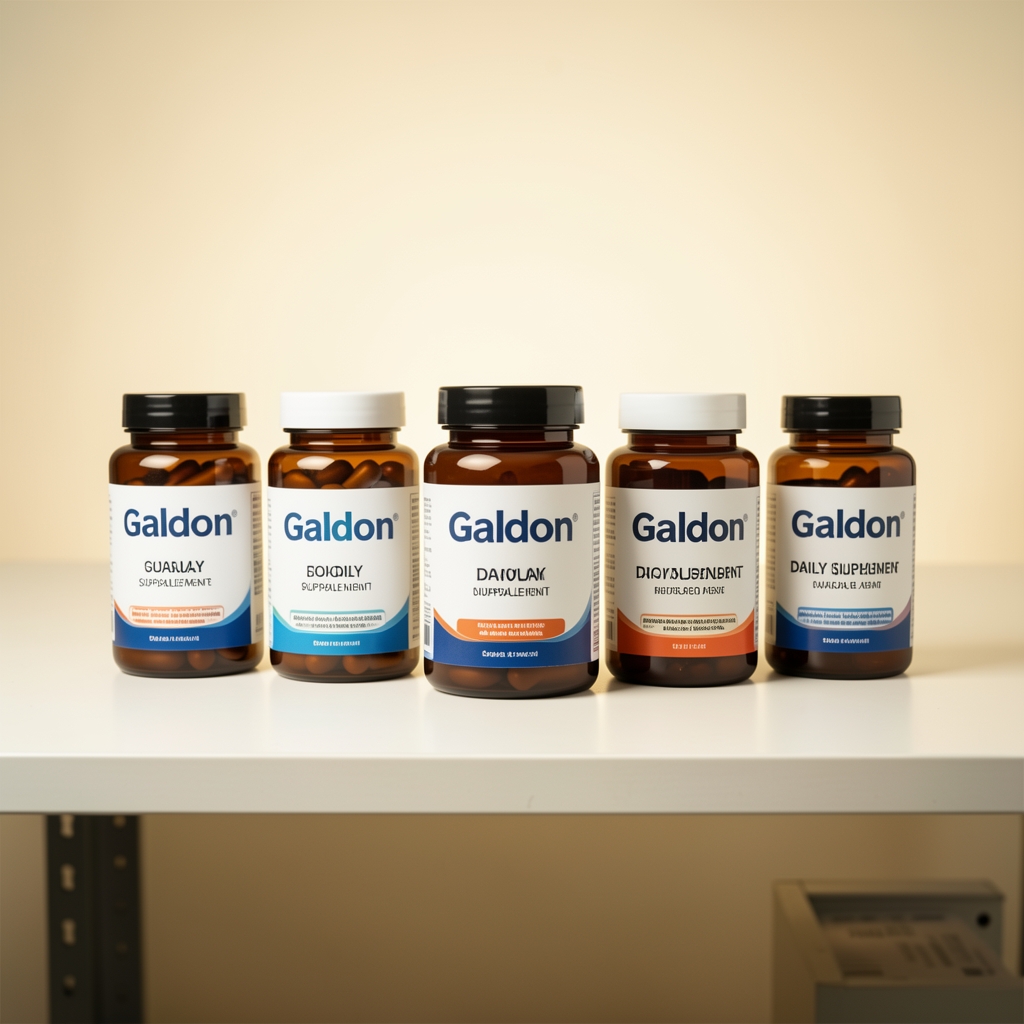 Galdon daily supplement capsule containers arranged on a clean workshop bench under studio lighting, warm cream background