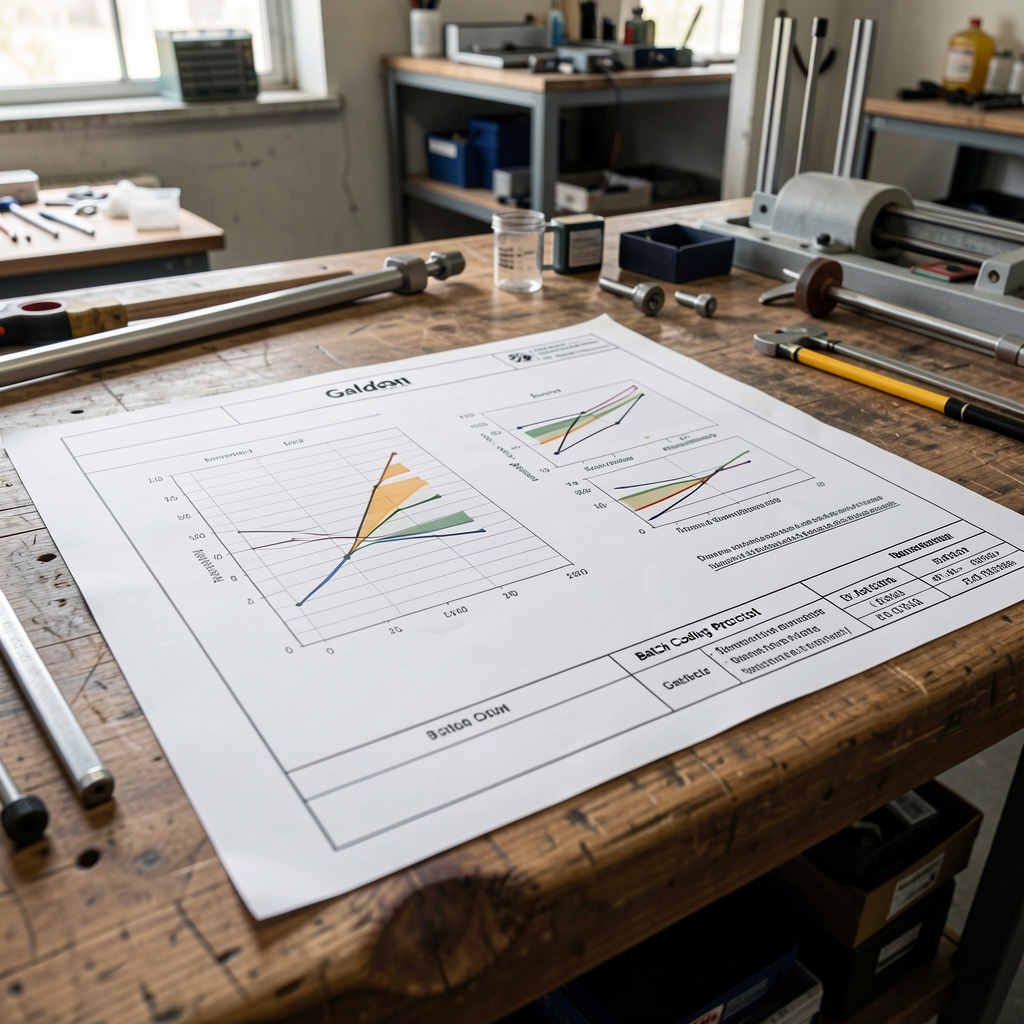 Galdon formulation process documentation blueprint laid on a workshop table showing ingredient ratio calibration charts and batch coding protocol