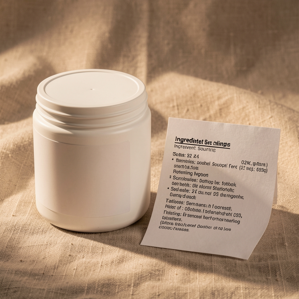 Galdon Core Daily Complex supplement container on a textured linen surface with ingredient sourcing documentation beside it under warm studio lighting
