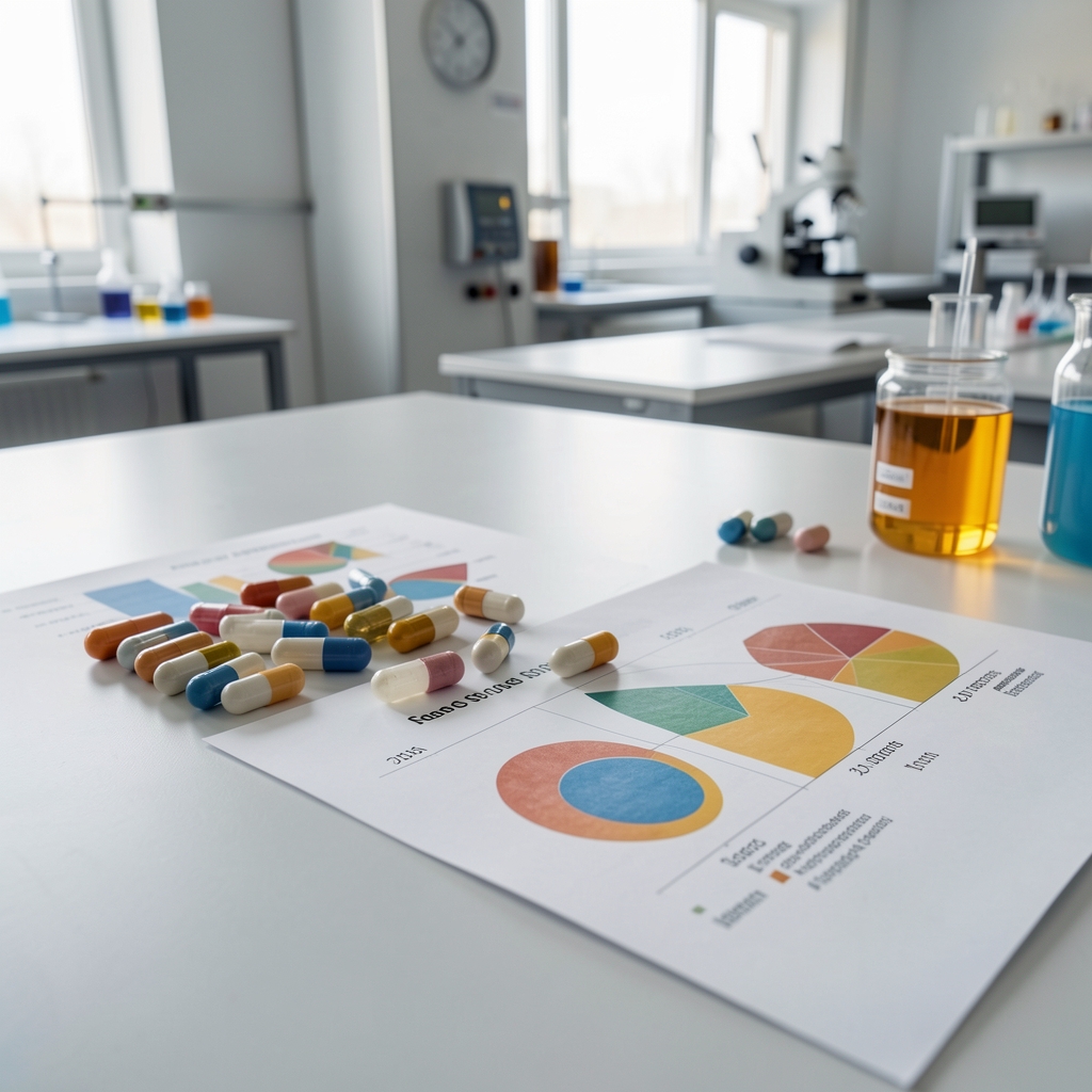 Galdon Energy and Stamina Compound capsules arranged with ingredient analysis charts on a clean workshop surface