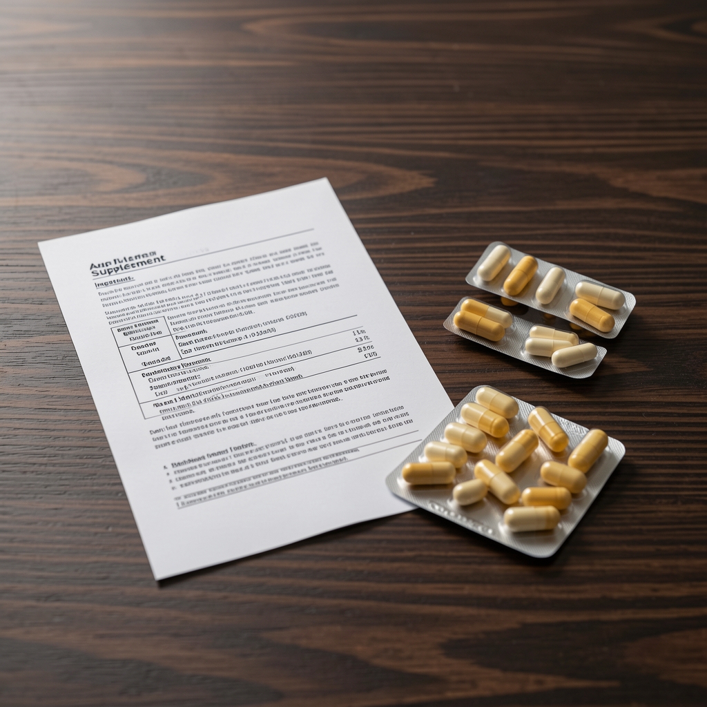 Galdon Immune and Cell Defence supplement capsules with ingredient composition documents on a dark wooden workspace surface