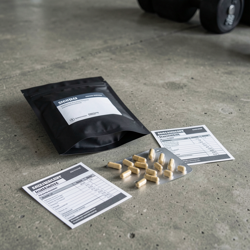 Galdon Physical Activity Support supplement pouch and capsules on a concrete workout surface with batch documentation cards