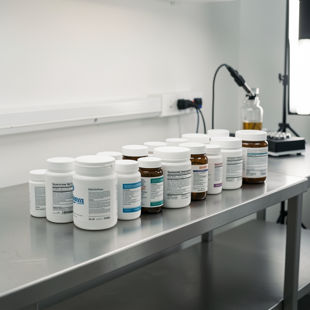Galdon Jakarta production workspace with supplement containers arranged on a stainless steel bench under clean studio lighting