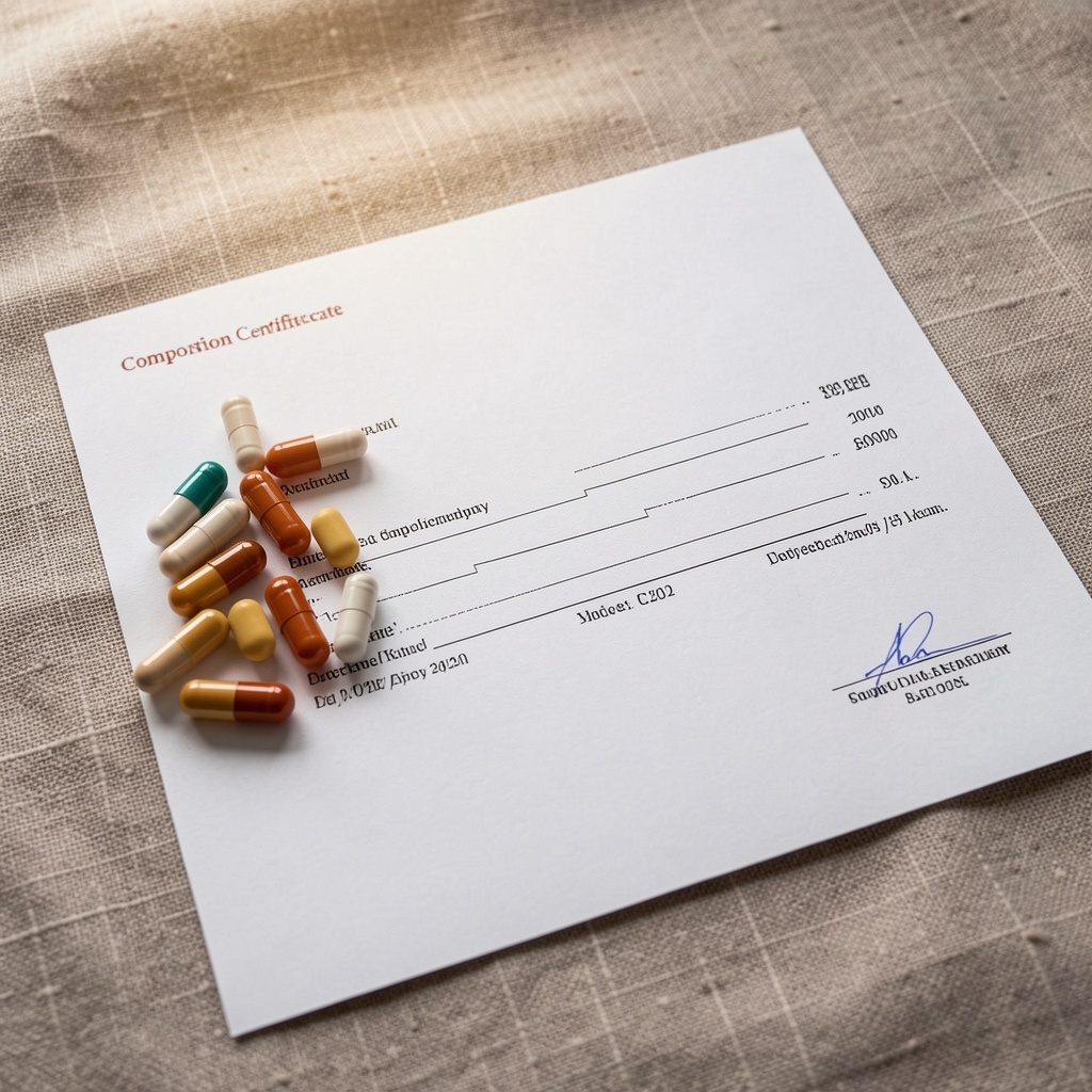 Close-up of supplement capsules and a composition certificate document laid flat on a textured linen surface
