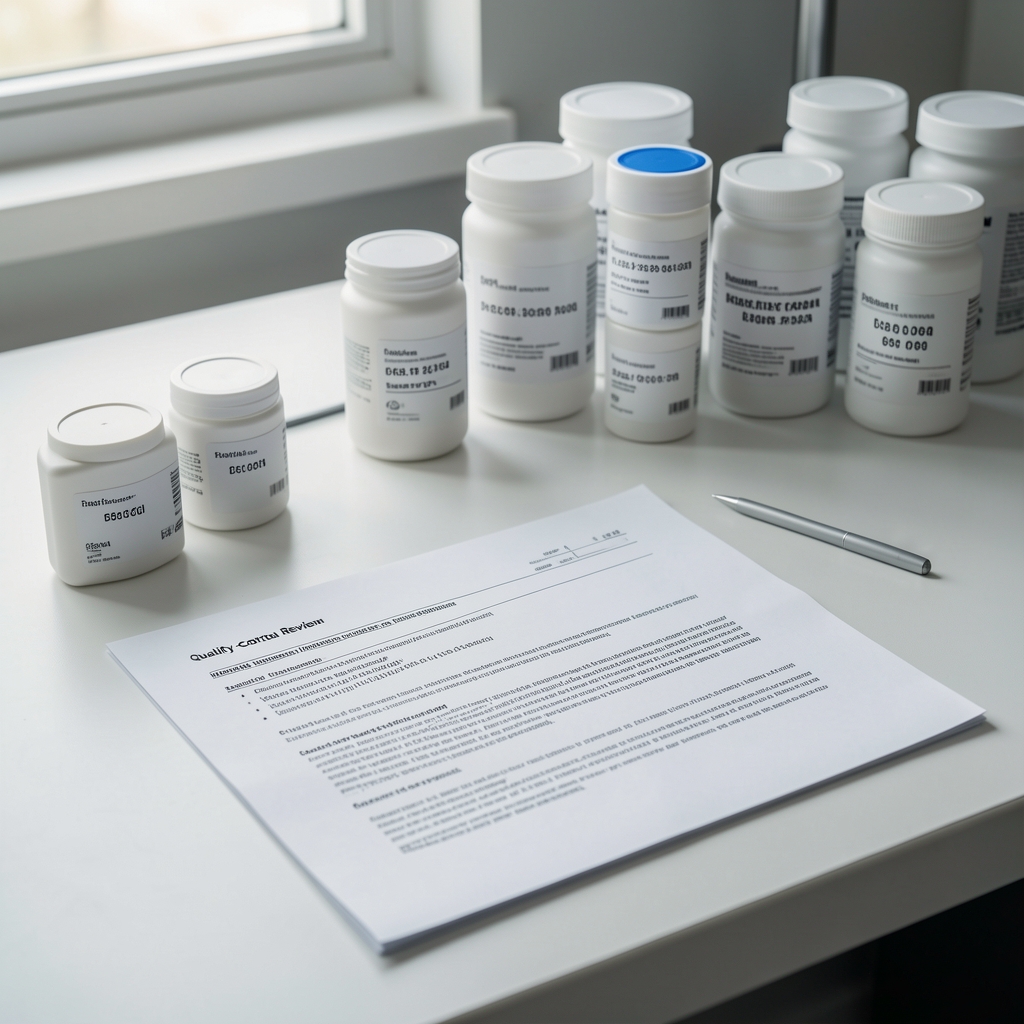Quality-control review of ingredient sourcing documentation laid on a clean workspace with batch-coded containers in background